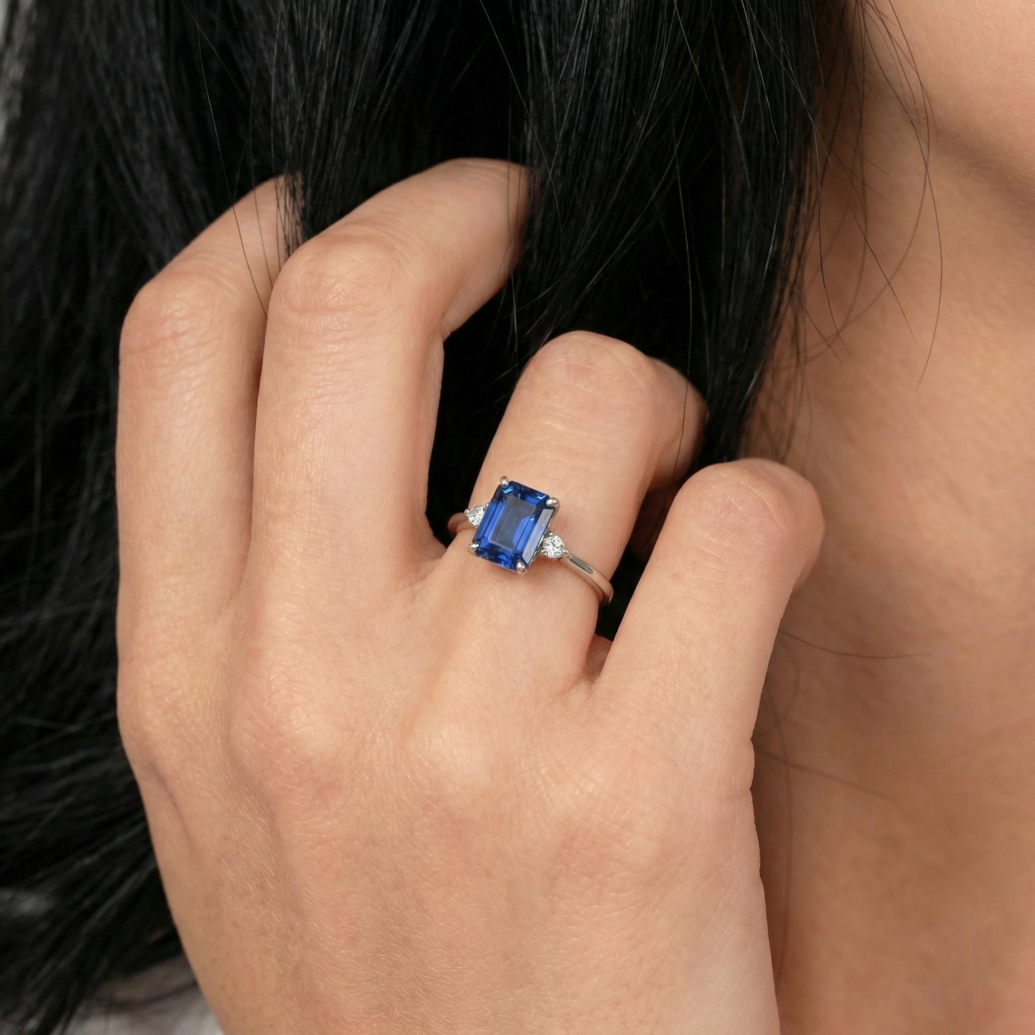 1.75ct Blue Sapphire Ring, Emerald Cut Sapphire Ring, 14K Gold Statement Ring, Certified Stone Ring, September Birthstone