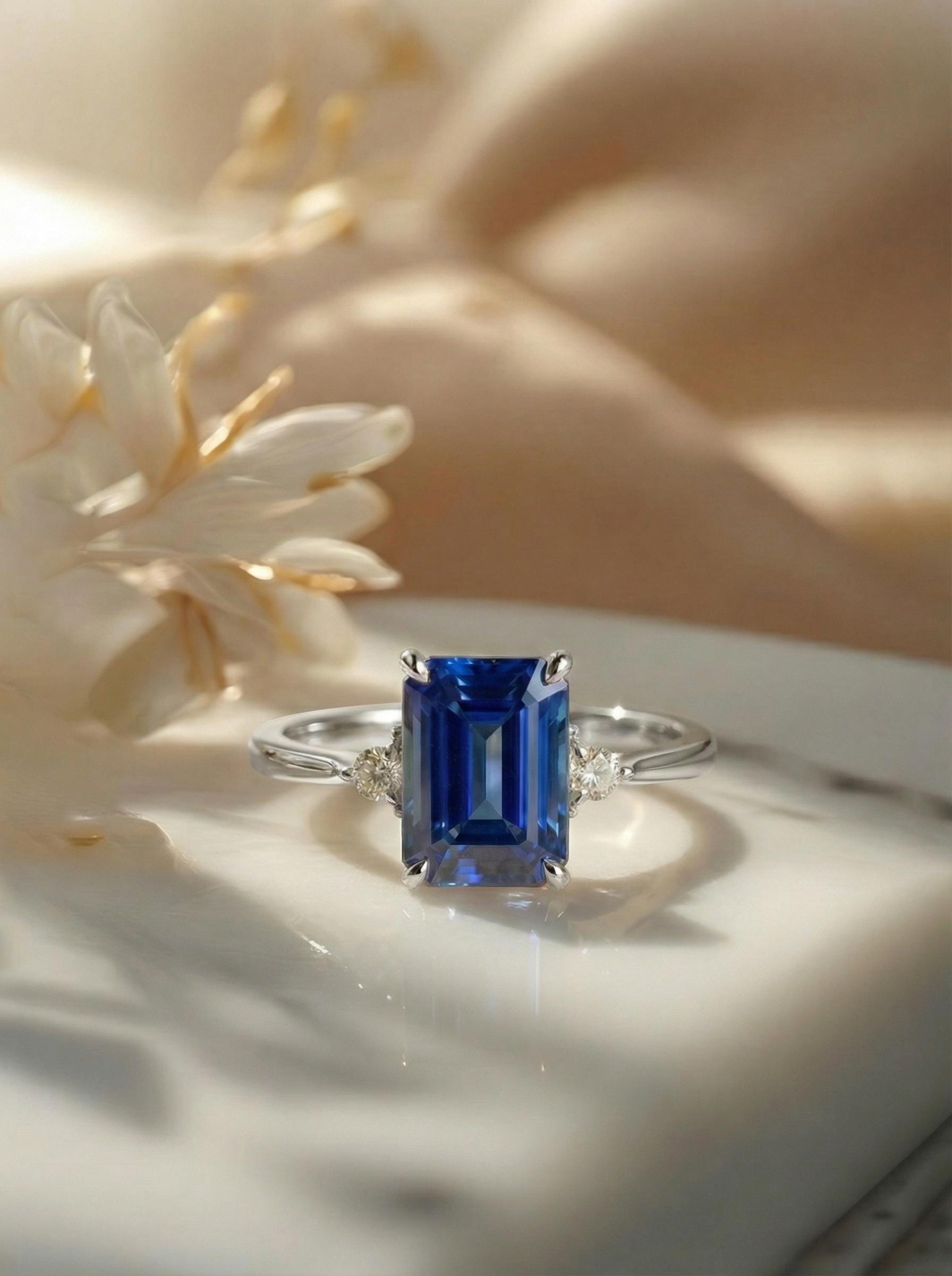 1.75ct Blue Sapphire Ring, Emerald Cut Sapphire Ring, 14K Gold Statement Ring, Certified Stone Ring, September Birthstone