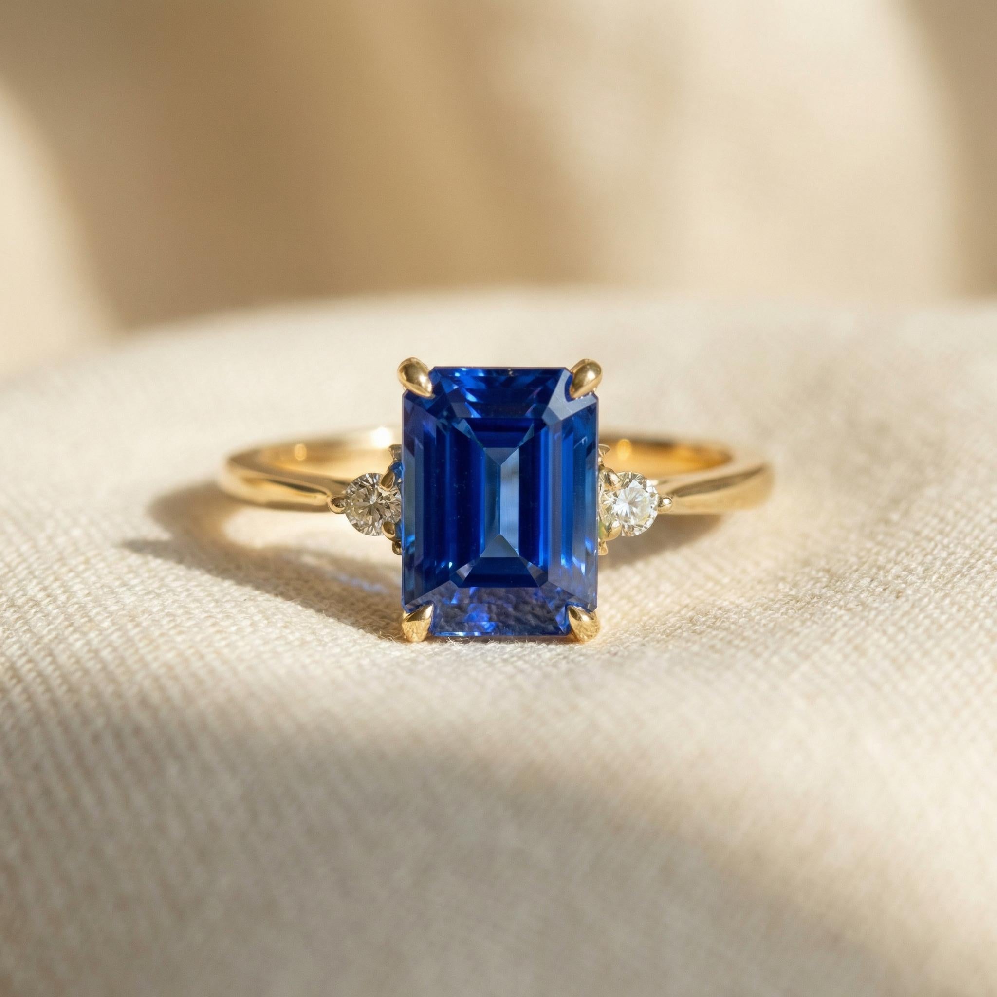 1.75ct Blue Sapphire Ring, Emerald Cut Sapphire Ring, 14K Gold Statement Ring, Certified Stone Ring, September Birthstone