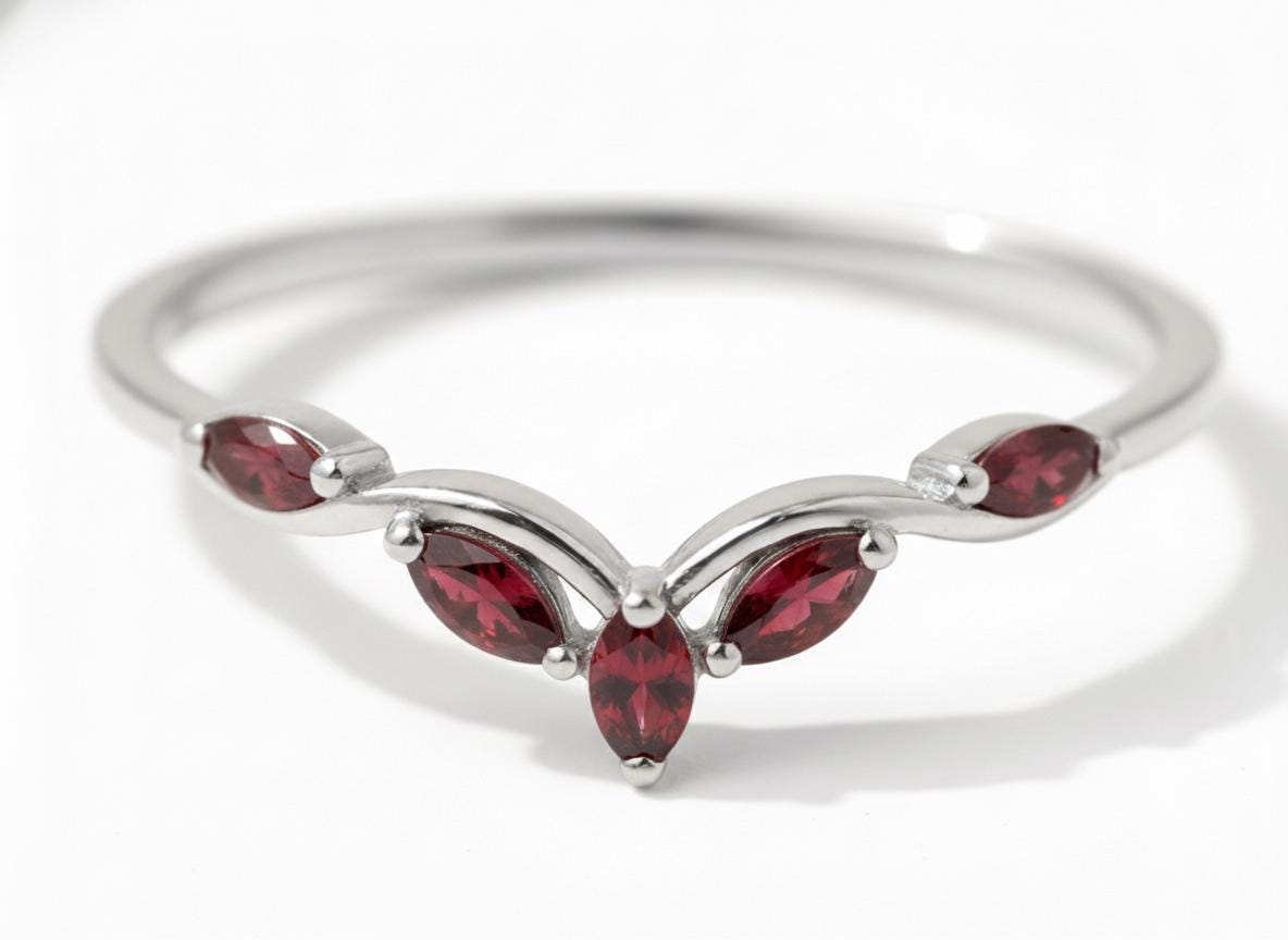 Curved Garnet Marquise Cluster Band, 18K Gold January Birthstone V-Shaped Ring, Dainty Red Garnet Enhancer