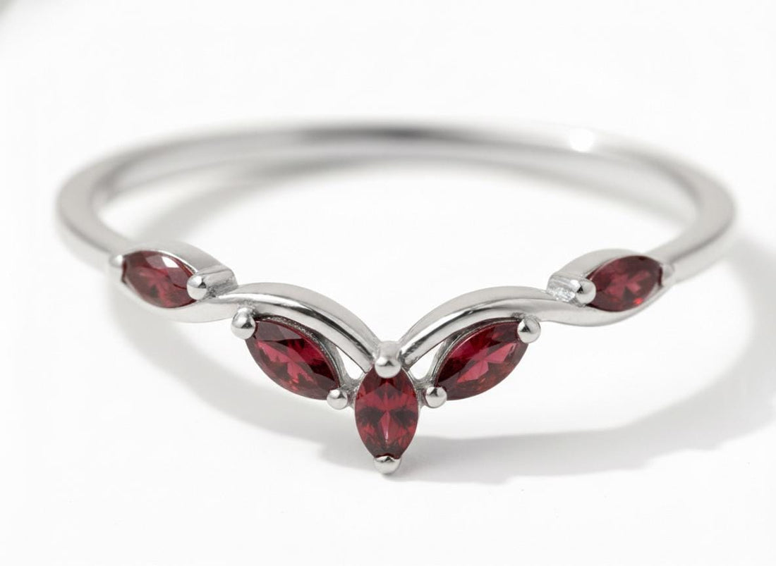 Curved Garnet Marquise Cluster Band, 18K Gold January Birthstone V-Shaped Ring, Dainty Red Garnet Enhancer