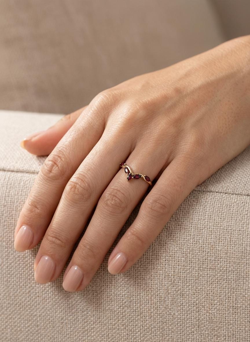 Curved Garnet Marquise Cluster Band, 18K Gold January Birthstone V-Shaped Ring, Dainty Red Garnet Enhancer