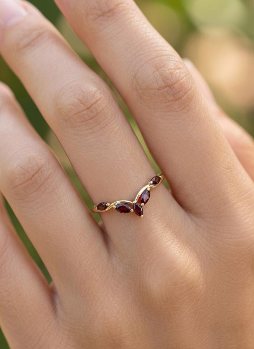 Curved Garnet Marquise Cluster Band, 18K Gold January Birthstone V-Shaped Ring, Dainty Red Garnet Enhancer