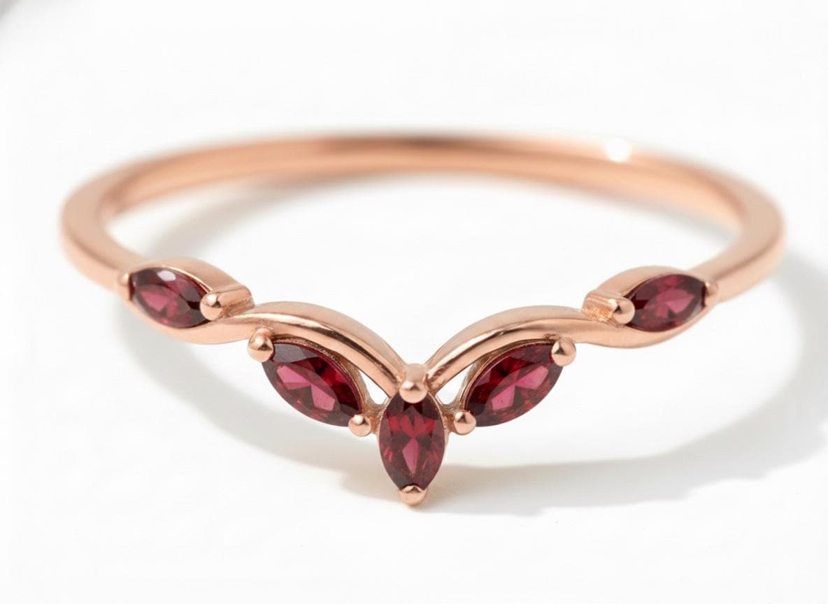 Curved Garnet Marquise Cluster Band, 18K Gold January Birthstone V-Shaped Ring, Dainty Red Garnet Enhancer