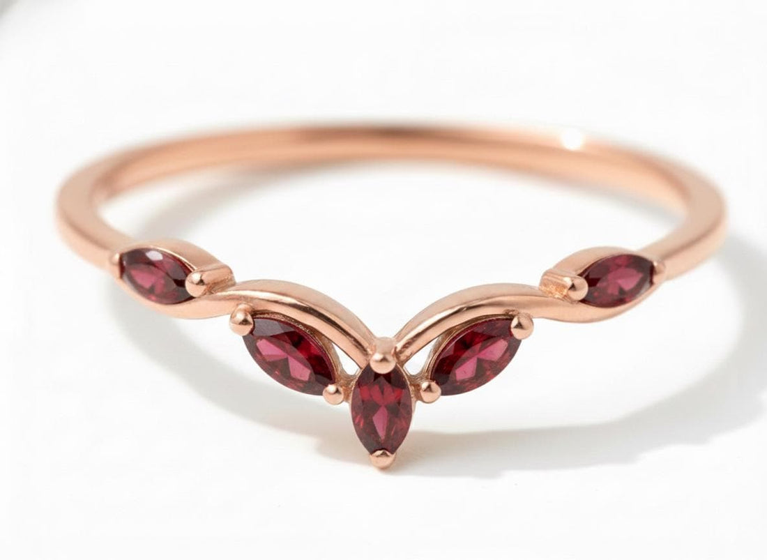 Curved Garnet Marquise Cluster Band, 18K Gold January Birthstone V-Shaped Ring, Dainty Red Garnet Enhancer
