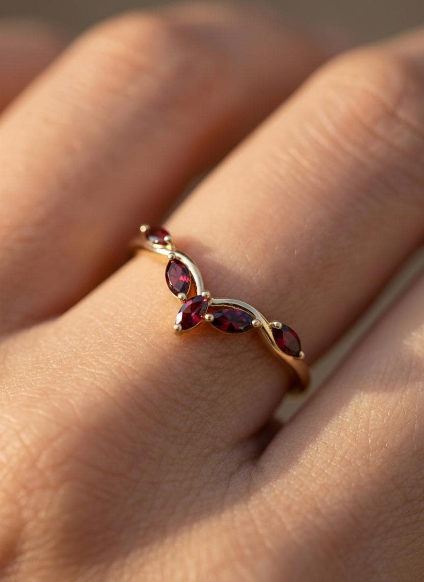 Curved Garnet Marquise Cluster Band, 18K Gold January Birthstone V-Shaped Ring, Dainty Red Garnet Enhancer
