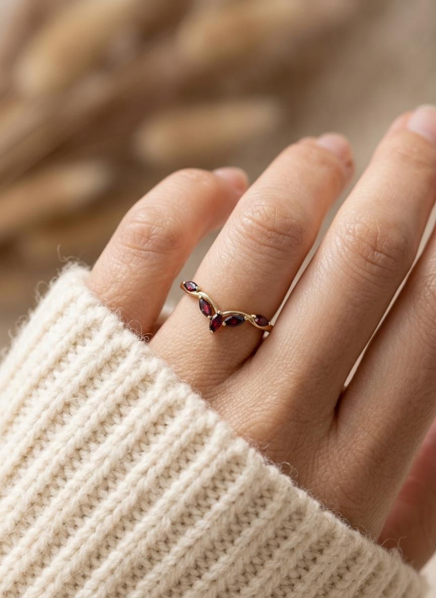 Curved Garnet Marquise Cluster Band, 18K Gold January Birthstone V-Shaped Ring, Dainty Red Garnet Enhancer