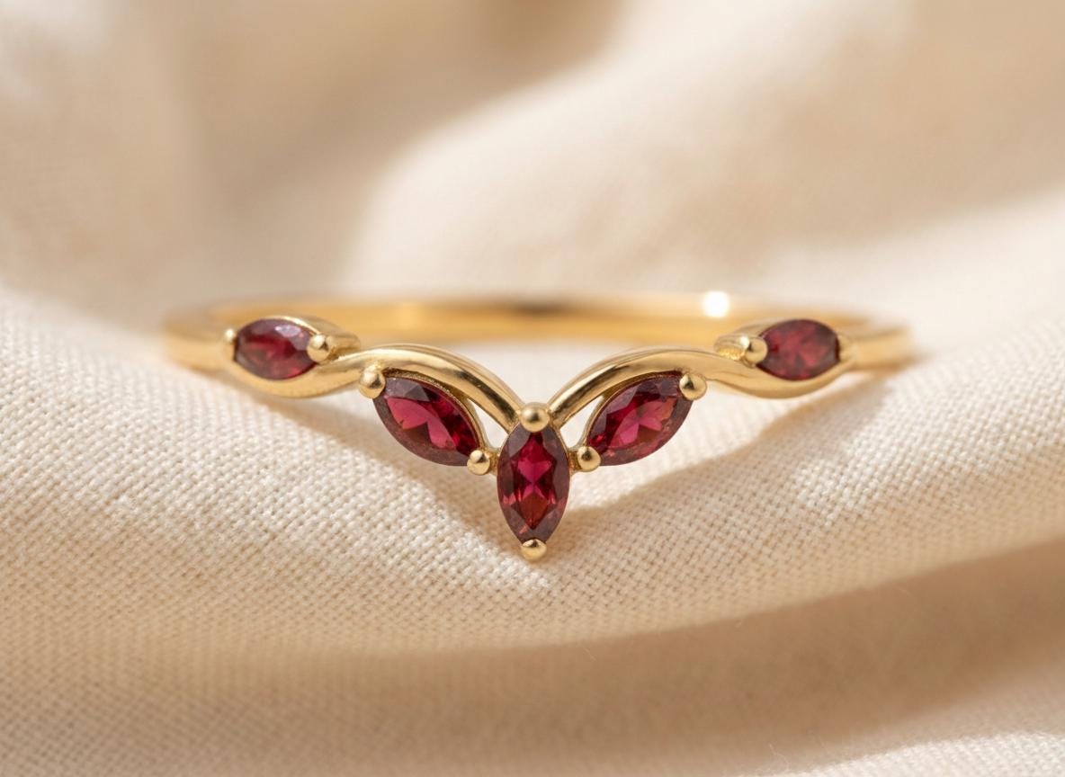 Curved Garnet Marquise Cluster Band, 18K Gold January Birthstone V-Shaped Ring, Dainty Red Garnet Enhancer