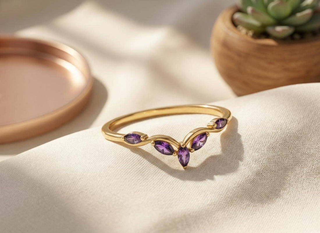 Curved Amethyst Marquise Cluster Band, 18K Gold February Birthstone V-Shaped Ring, Dainty Purple Amethyst Enhancer, Unique Minimalist