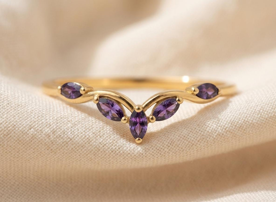 Curved Amethyst Marquise Cluster Band, 18K Gold February Birthstone V-Shaped Ring, Dainty Purple Amethyst Enhancer, Unique Minimalist