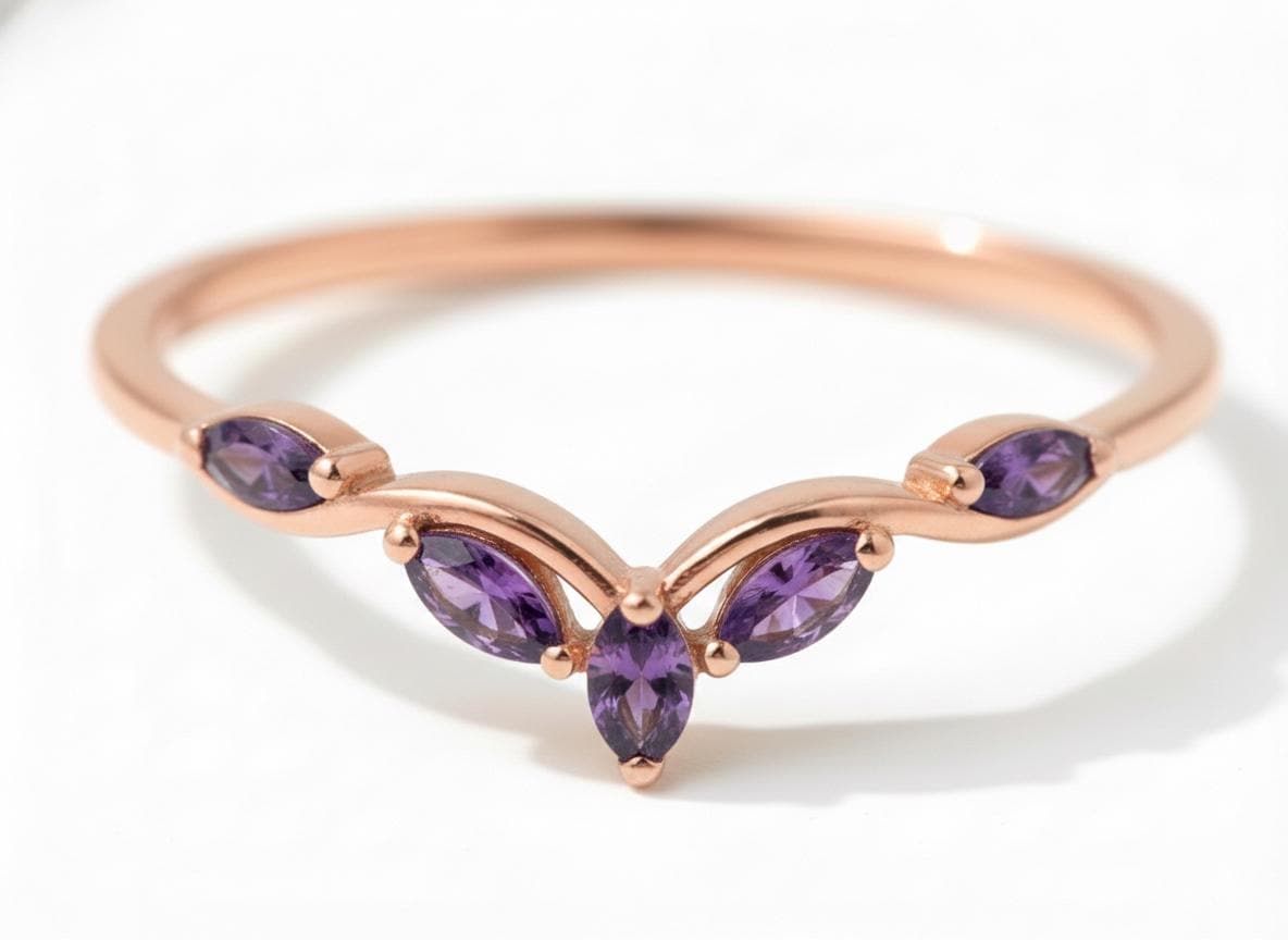 Curved Amethyst Marquise Cluster Band, 18K Gold February Birthstone V-Shaped Ring, Dainty Purple Amethyst Enhancer, Unique Minimalist