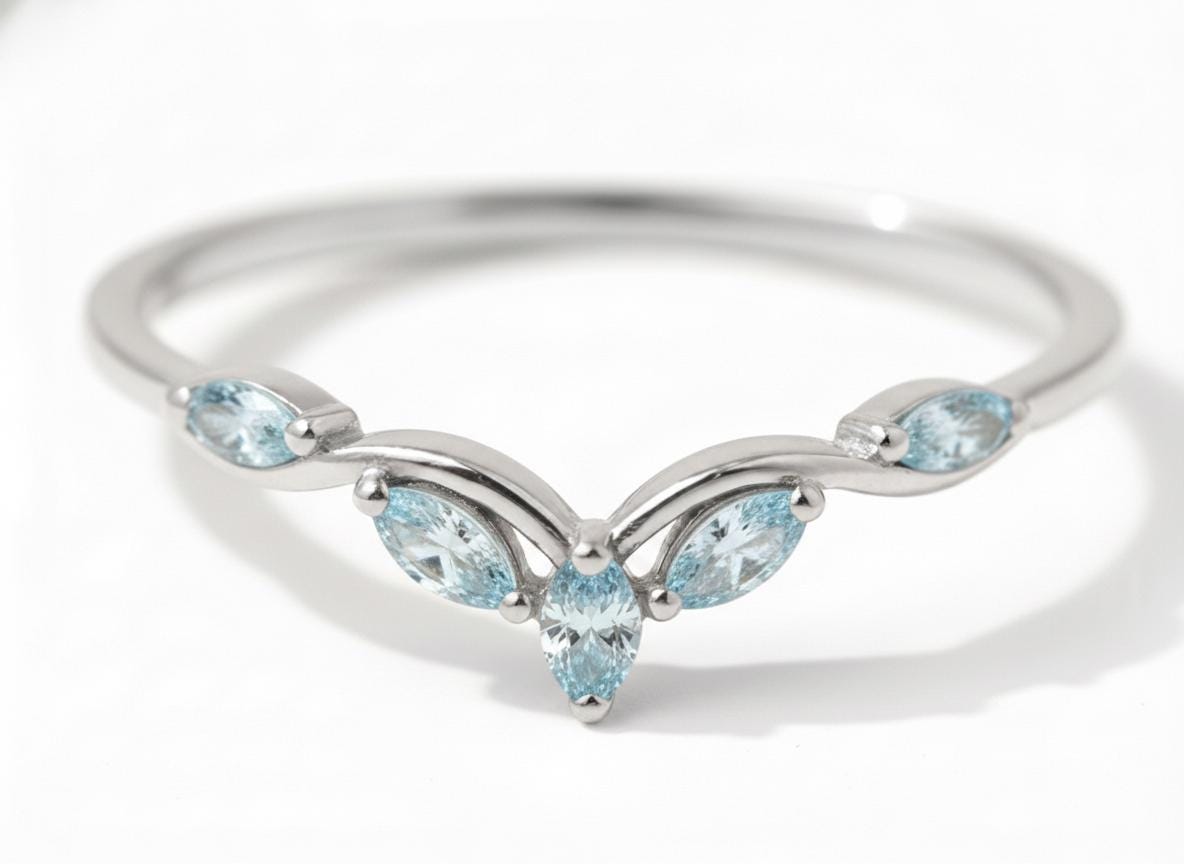 Curved Aquamarine Marquise Cluster Band, 18K Gold March Birthstone V-Shaped Ring, Dainty Blue Aquamarine Enhancer