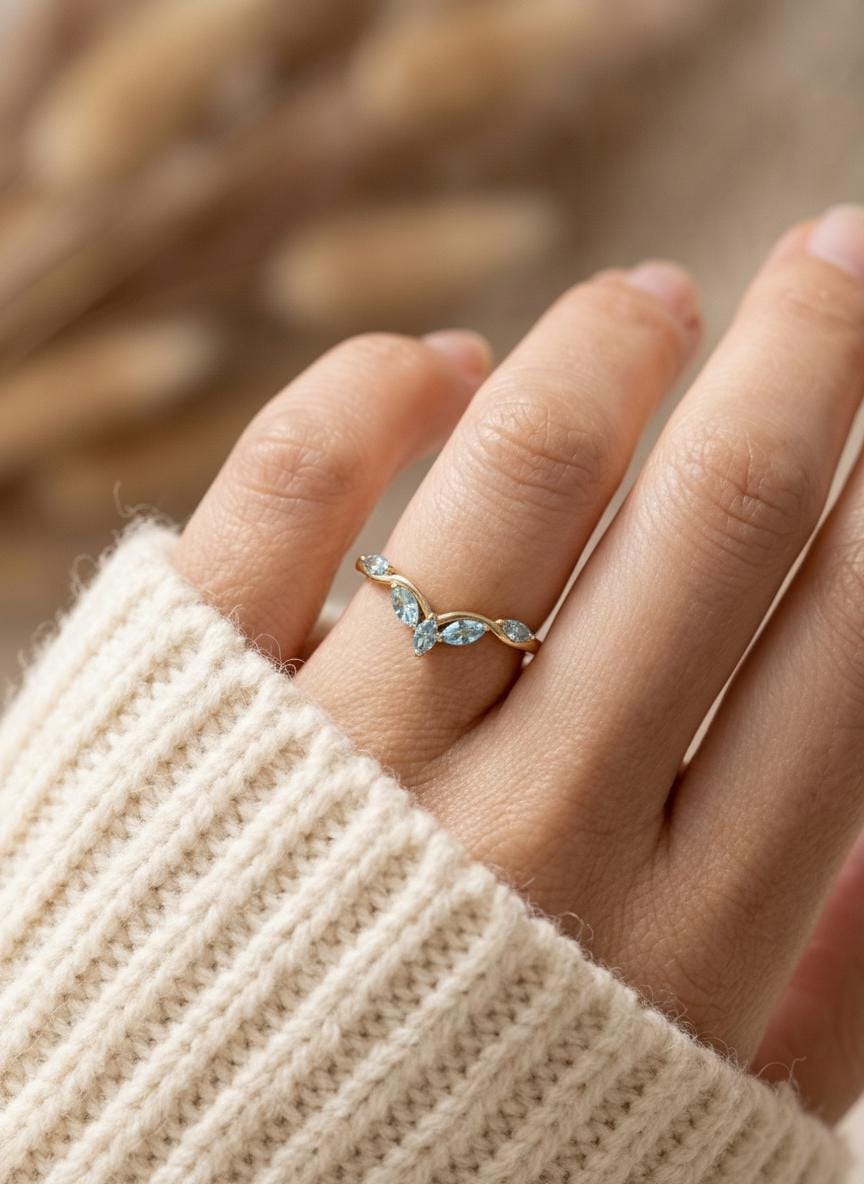Curved Aquamarine Marquise Cluster Band, 18K Gold March Birthstone V-Shaped Ring, Dainty Blue Aquamarine Enhancer