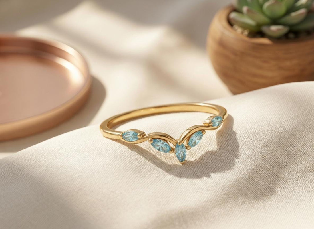 Curved Aquamarine Marquise Cluster Band, 18K Gold March Birthstone V-Shaped Ring, Dainty Blue Aquamarine Enhancer