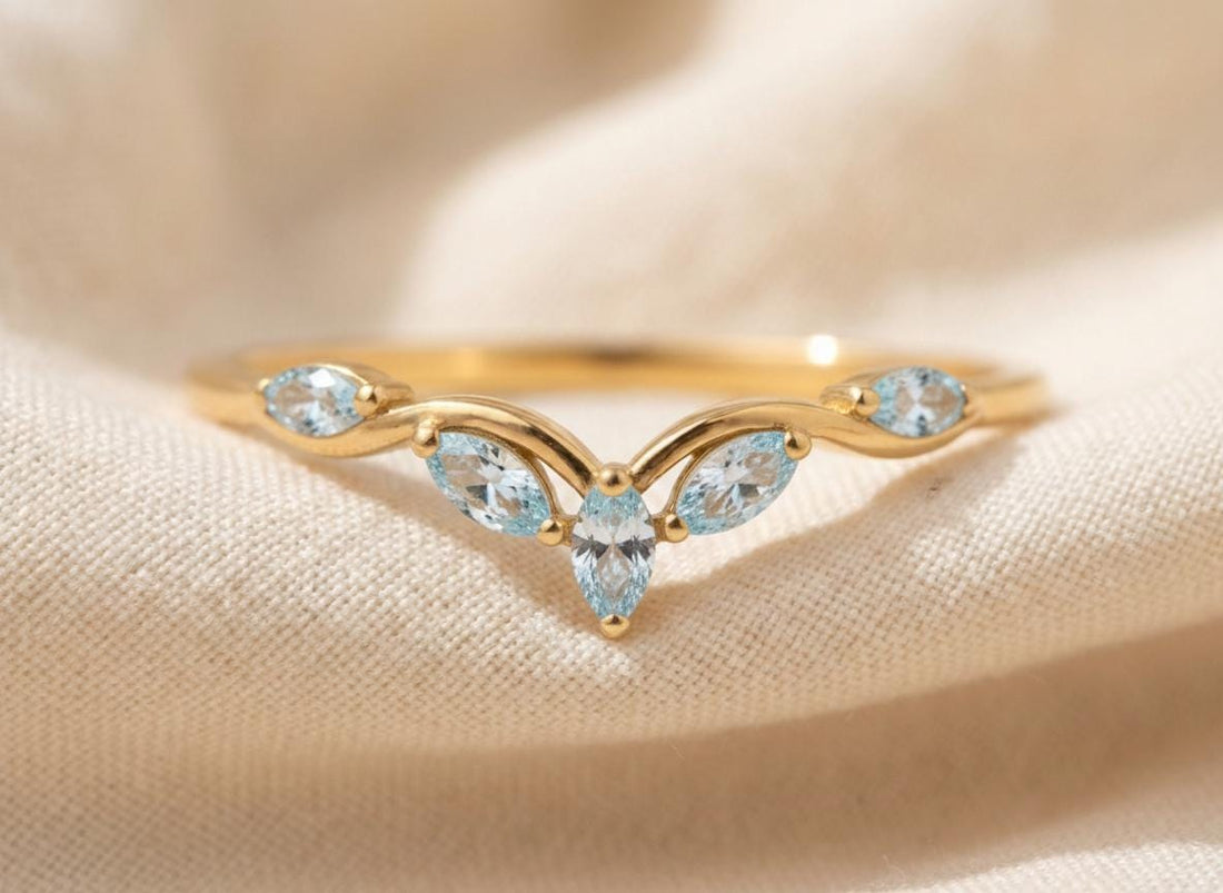 Curved Aquamarine Marquise Cluster Band, 18K Gold March Birthstone V-Shaped Ring, Dainty Blue Aquamarine Enhancer