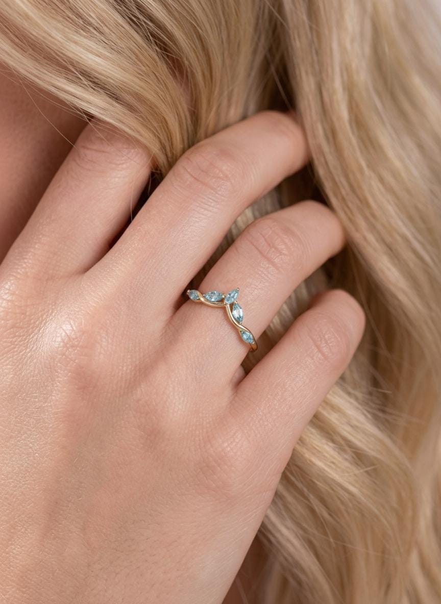 Curved Aquamarine Marquise Cluster Band, 18K Gold March Birthstone V-Shaped Ring, Dainty Blue Aquamarine Enhancer