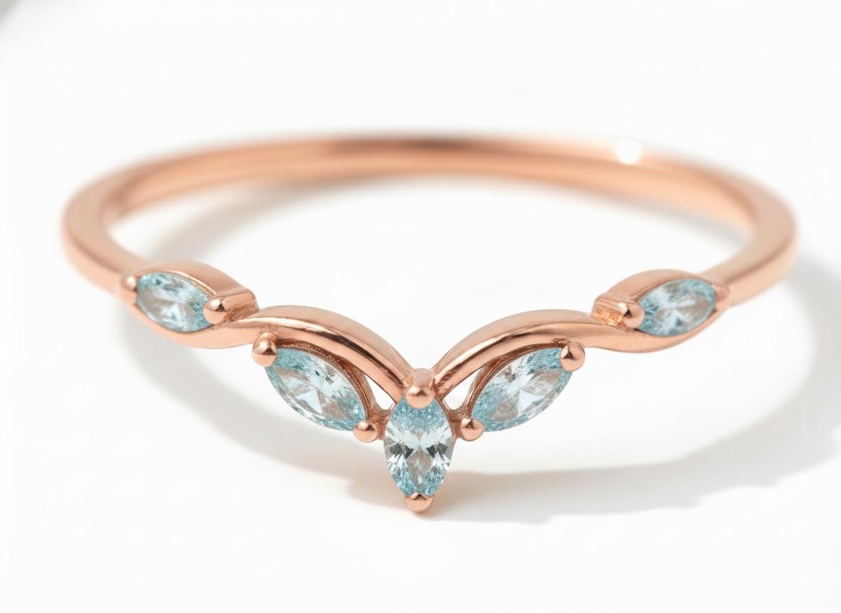 Curved Aquamarine Marquise Cluster Band, 18K Gold March Birthstone V-Shaped Ring, Dainty Blue Aquamarine Enhancer