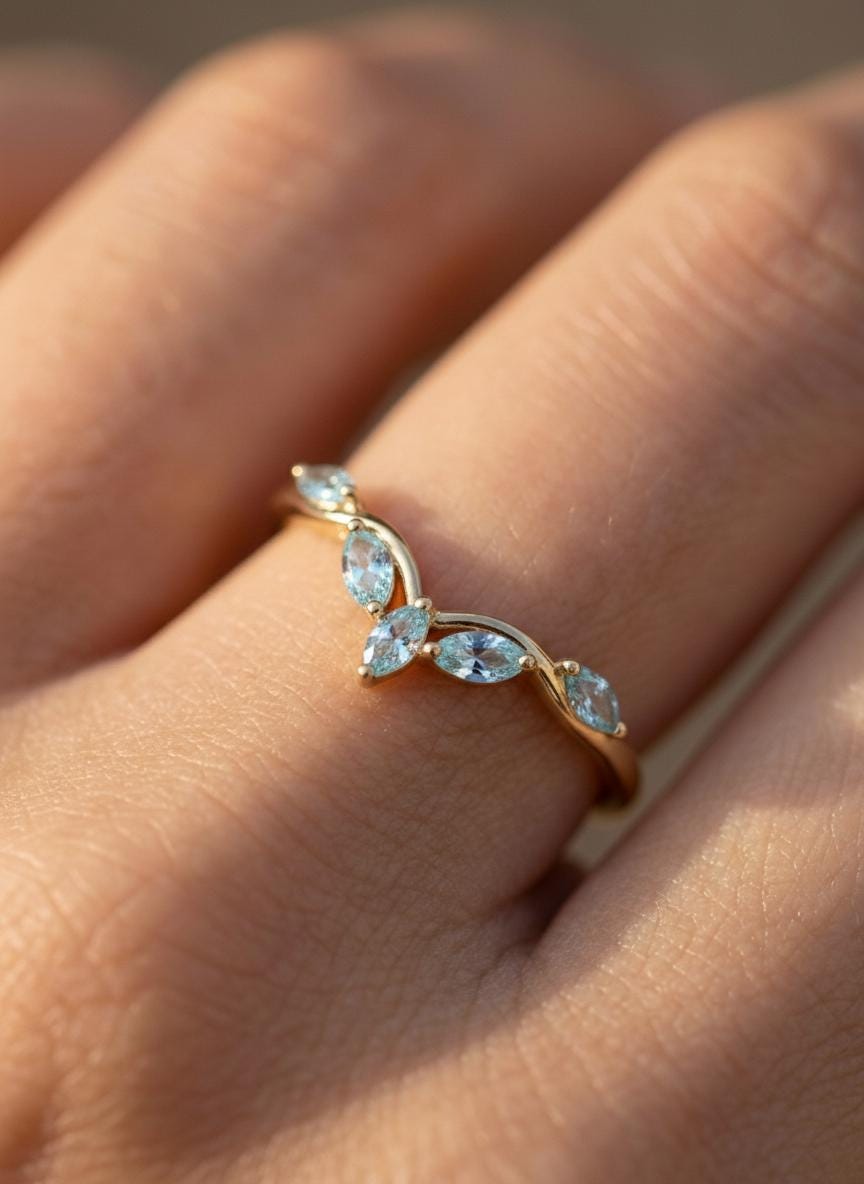 Curved Aquamarine Marquise Cluster Band, 18K Gold March Birthstone V-Shaped Ring, Dainty Blue Aquamarine Enhancer