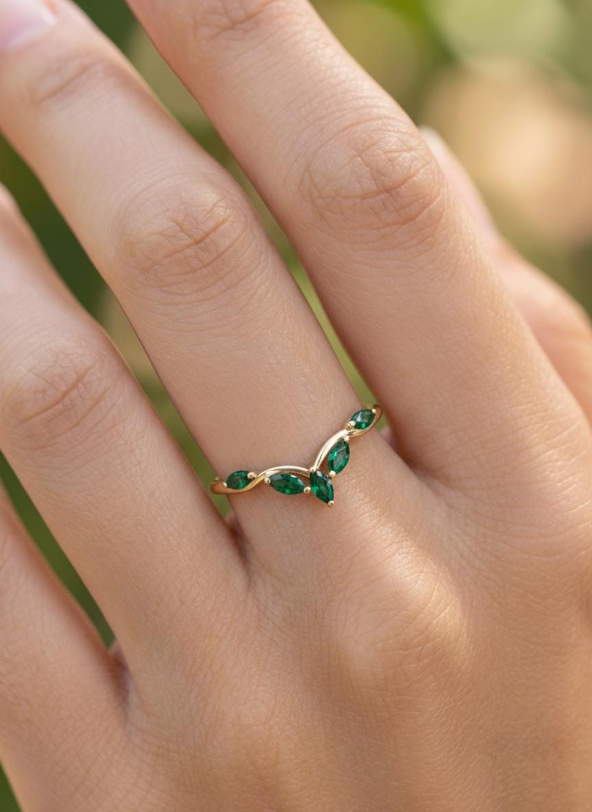 Curved Emerald Marquise Cluster Band, 18K Gold May Birthstone V-Shaped Ring, Dainty Green Emerald Enhancer