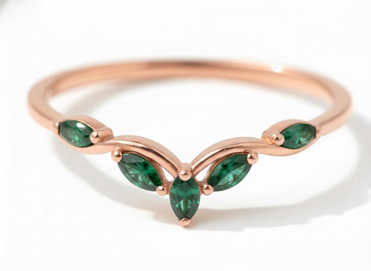 Curved Emerald Marquise Cluster Band, 18K Gold May Birthstone V-Shaped Ring, Dainty Green Emerald Enhancer