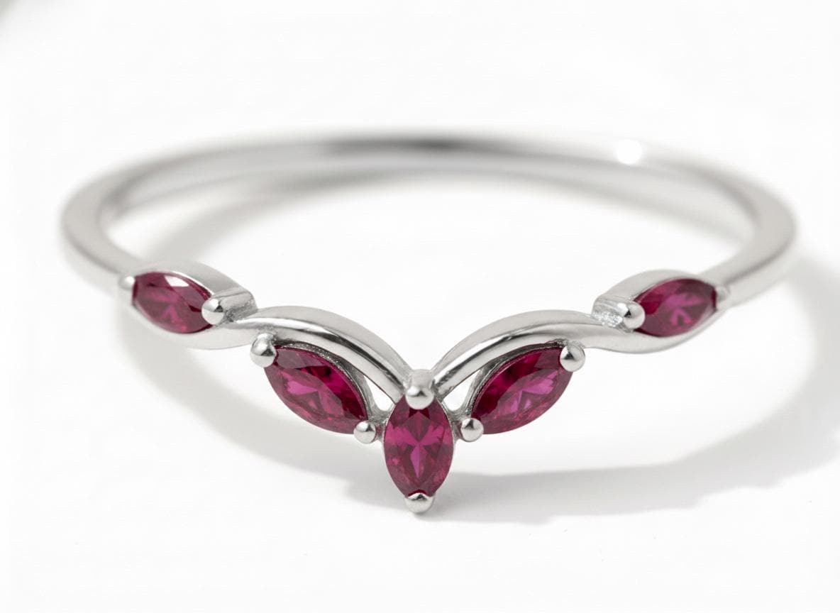 Curved Ruby Marquise Cluster Band, 18K Gold July Birthstone V-Shaped Ring, Dainty Red Ruby Enhancer