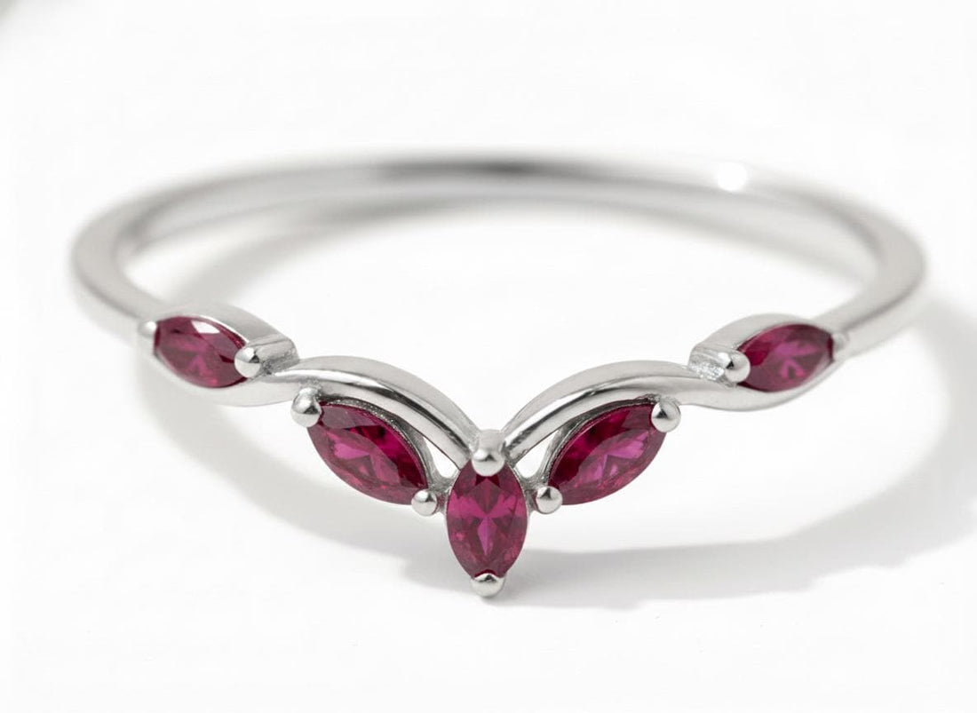 Curved Ruby Marquise Cluster Band, 18K Gold July Birthstone V-Shaped Ring, Dainty Red Ruby Enhancer