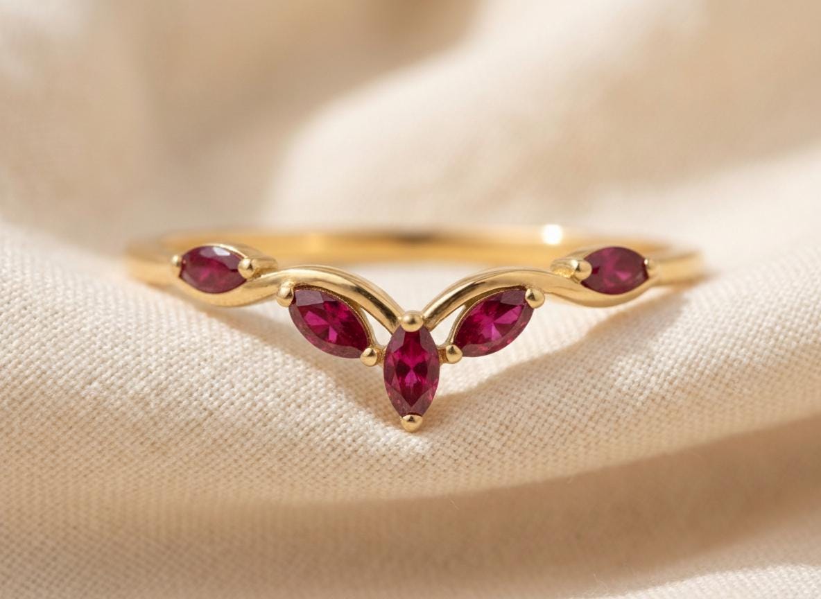 Curved Ruby Marquise Cluster Band, 18K Gold July Birthstone V-Shaped Ring, Dainty Red Ruby Enhancer