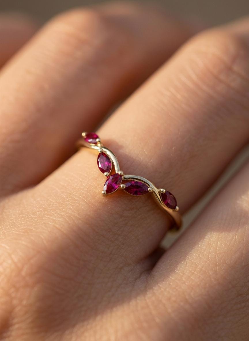 Curved Ruby Marquise Cluster Band, 18K Gold July Birthstone V-Shaped Ring, Dainty Red Ruby Enhancer