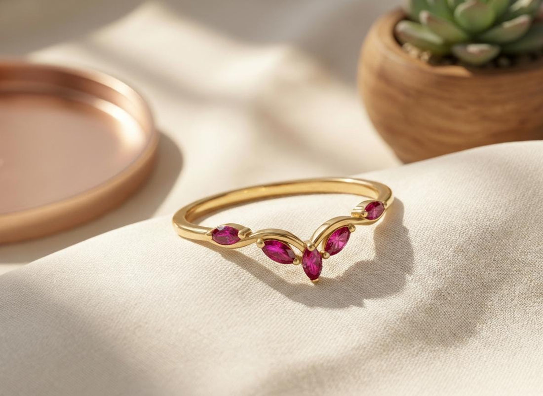 Curved Ruby Marquise Cluster Band, 18K Gold July Birthstone V-Shaped Ring, Dainty Red Ruby Enhancer