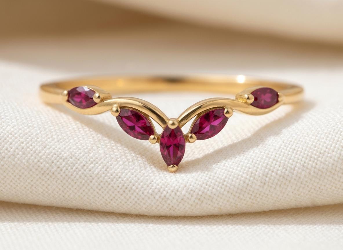 Curved Ruby Marquise Cluster Band, 18K Gold July Birthstone V-Shaped Ring, Dainty Red Ruby Enhancer