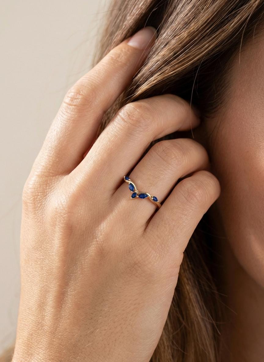 Curved Blue Sapphire Marquise Cluster Band, 18K Gold September Birthstone V-Shaped Ring, Dainty Blue Sapphire Enhancer