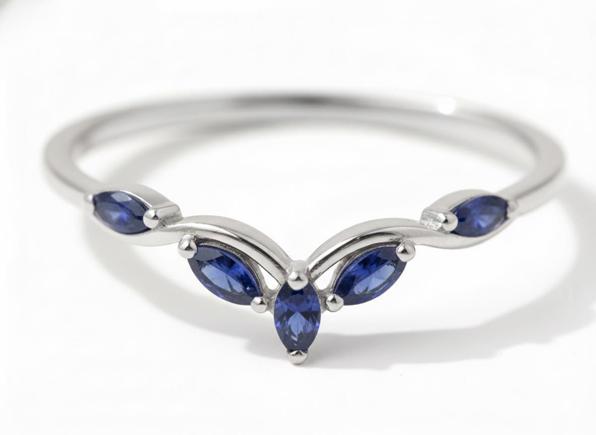 Curved Blue Sapphire Marquise Cluster Band, 18K Gold September Birthstone V-Shaped Ring, Dainty Blue Sapphire Enhancer