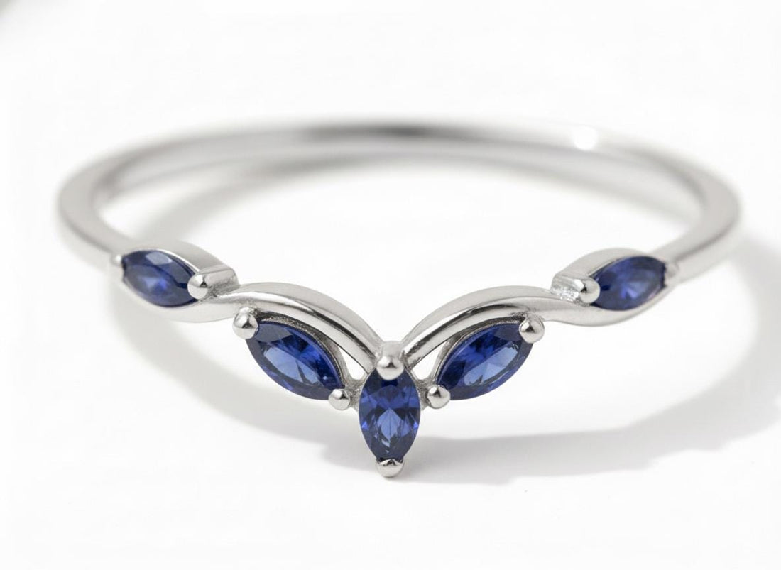 Curved Blue Sapphire Marquise Cluster Band, 18K Gold September Birthstone V-Shaped Ring, Dainty Blue Sapphire Enhancer