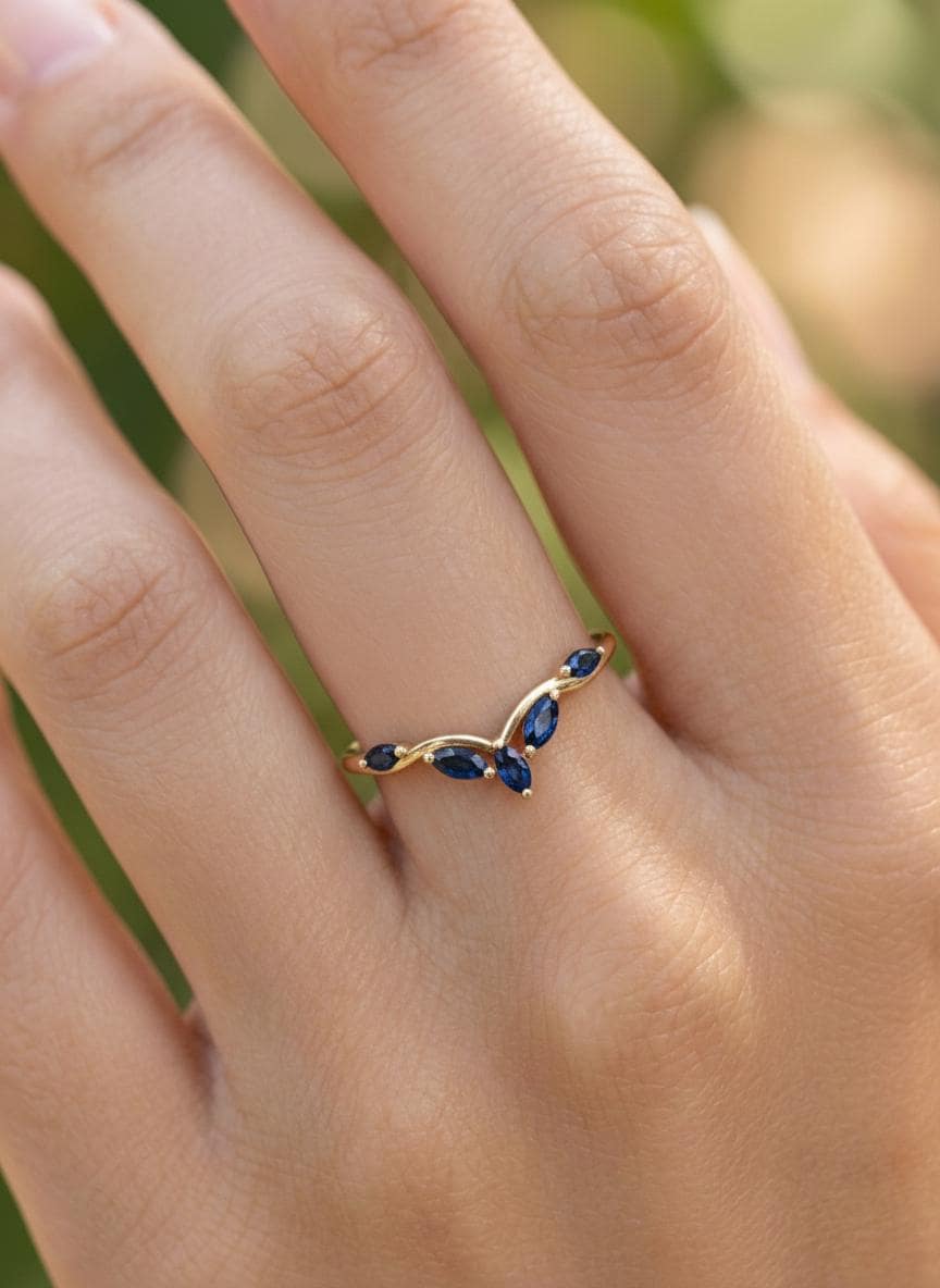 Curved Blue Sapphire Marquise Cluster Band, 18K Gold September Birthstone V-Shaped Ring, Dainty Blue Sapphire Enhancer