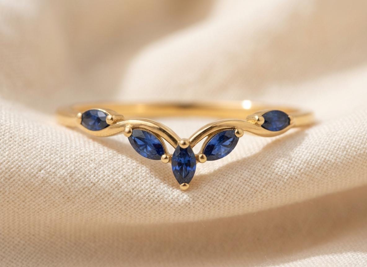 Curved Blue Sapphire Marquise Cluster Band, 18K Gold September Birthstone V-Shaped Ring, Dainty Blue Sapphire Enhancer