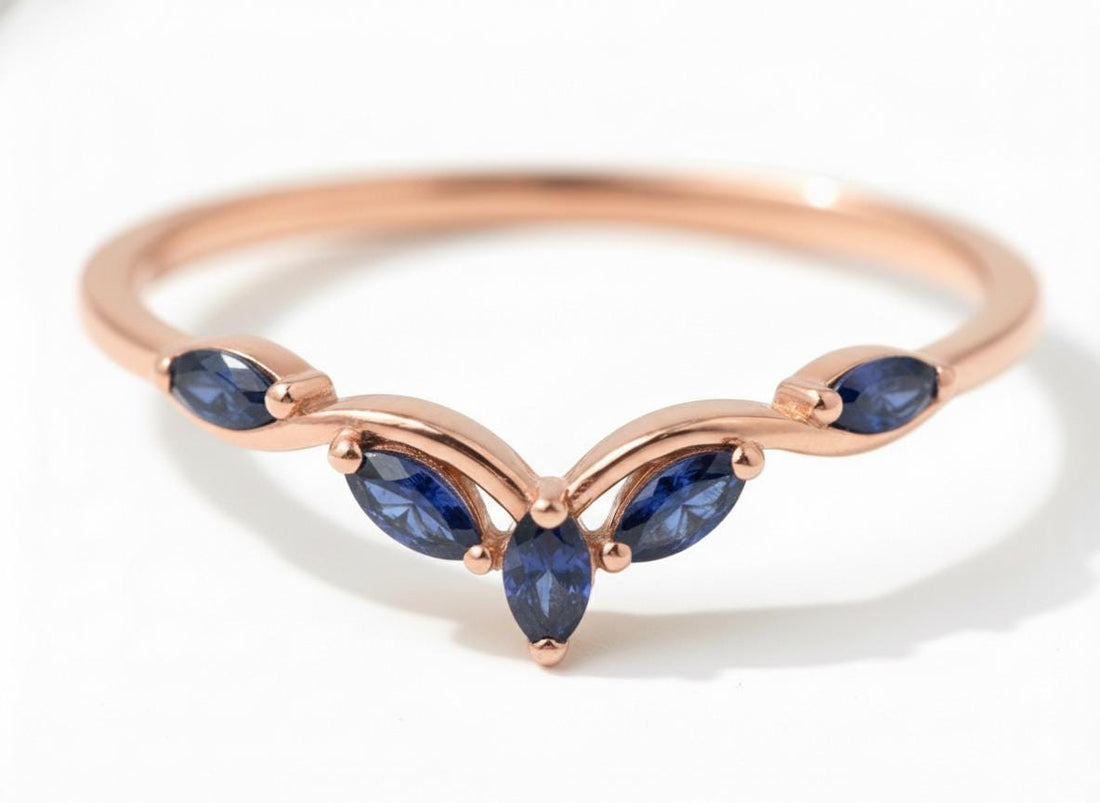 Curved Blue Sapphire Marquise Cluster Band, 18K Gold September Birthstone V-Shaped Ring, Dainty Blue Sapphire Enhancer
