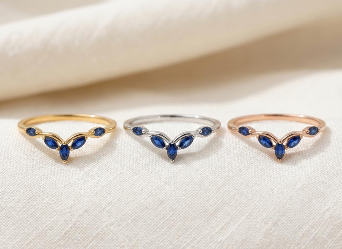 Curved Blue Sapphire Marquise Cluster Band, 18K Gold September Birthstone V-Shaped Ring, Dainty Blue Sapphire Enhancer