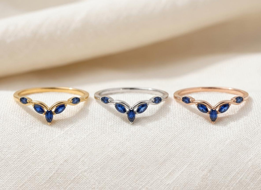 Curved Blue Sapphire Marquise Cluster Band, 18K Gold September Birthstone V-Shaped Ring, Dainty Blue Sapphire Enhancer