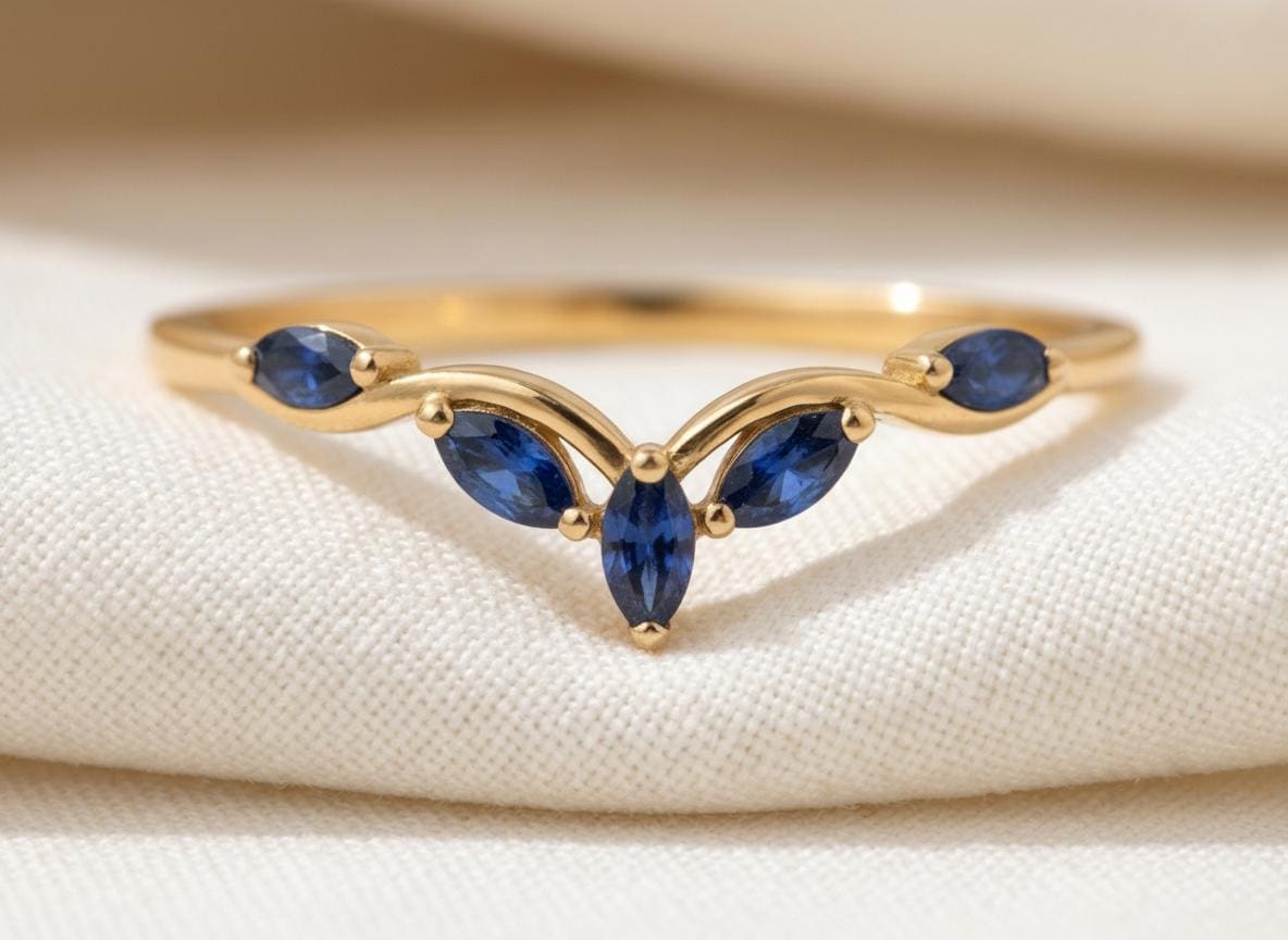Curved Blue Sapphire Marquise Cluster Band, 18K Gold September Birthstone V-Shaped Ring, Dainty Blue Sapphire Enhancer