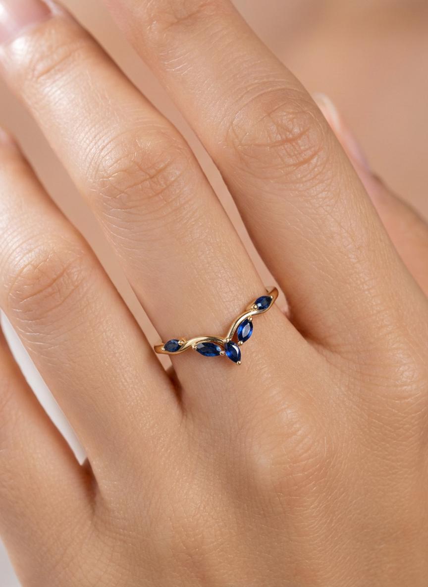 Curved Blue Sapphire Marquise Cluster Band, 18K Gold September Birthstone V-Shaped Ring, Dainty Blue Sapphire Enhancer