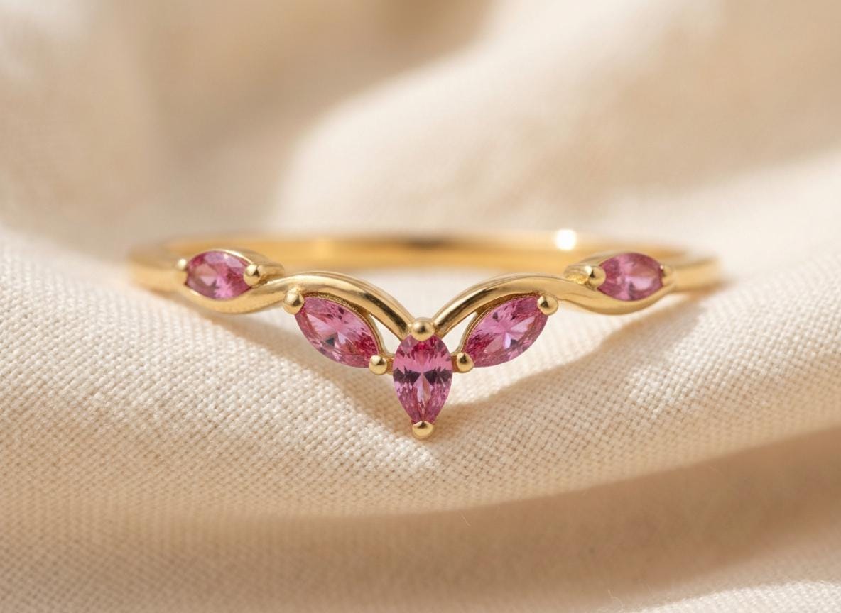 Curved Pink Tourmaline Marquise Cluster Band, 18K Gold October Birthstone V-Shaped Ring, Dainty Pink Tourmaline Enhancer
