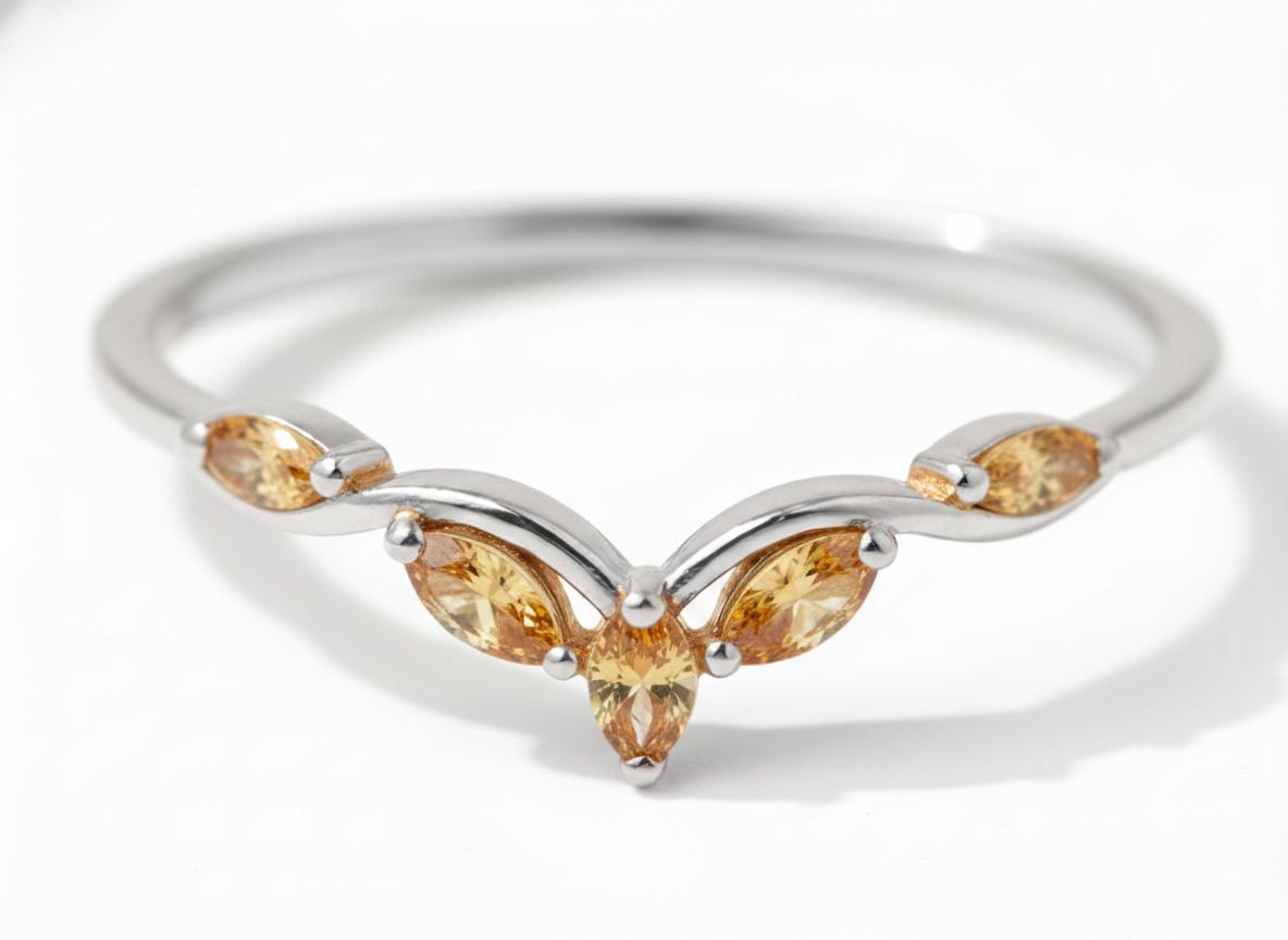 Curved Citrine Marquise Cluster Band, 18K Gold November Birthstone V-Shaped Ring, Dainty Golden Citrine Enhancer