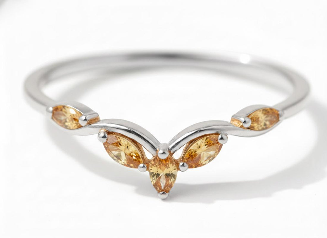 Curved Citrine Marquise Cluster Band, 18K Gold November Birthstone V-Shaped Ring, Dainty Golden Citrine Enhancer
