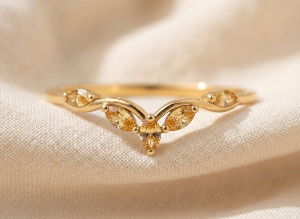 Curved Citrine Marquise Cluster Band, 18K Gold November Birthstone V-Shaped Ring, Dainty Golden Citrine Enhancer