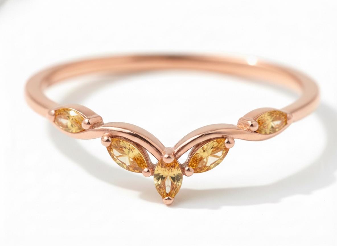 Curved Citrine Marquise Cluster Band, 18K Gold November Birthstone V-Shaped Ring, Dainty Golden Citrine Enhancer