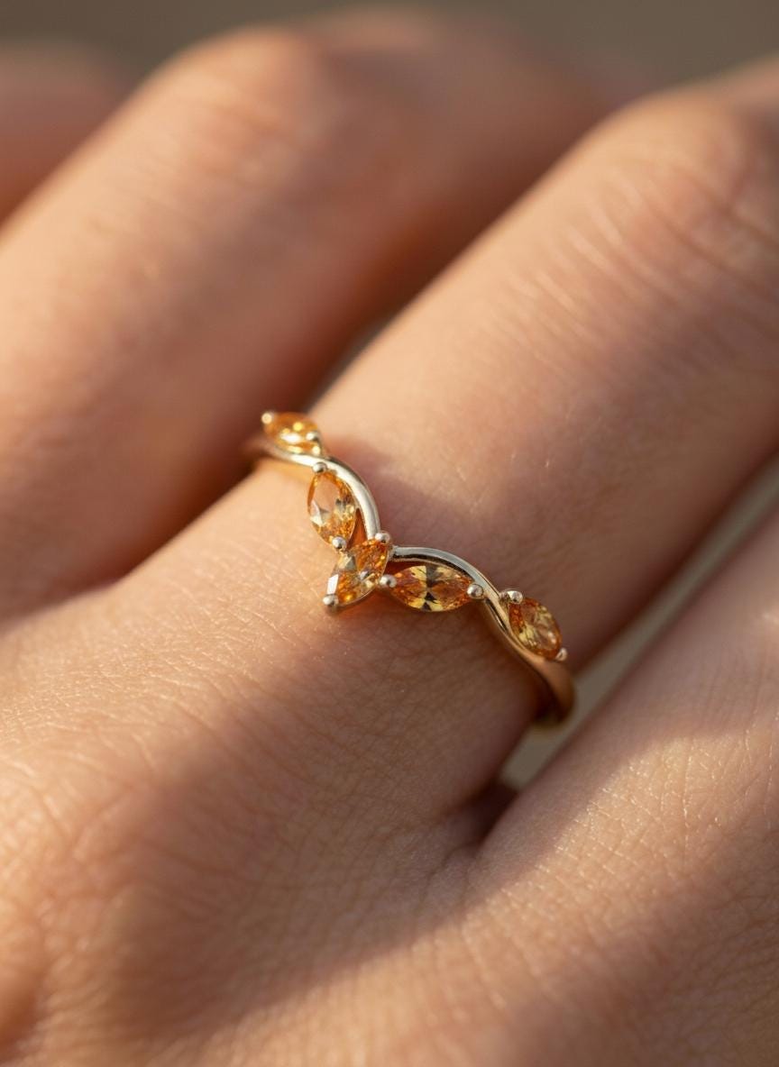 Curved Citrine Marquise Cluster Band, 18K Gold November Birthstone V-Shaped Ring, Dainty Golden Citrine Enhancer