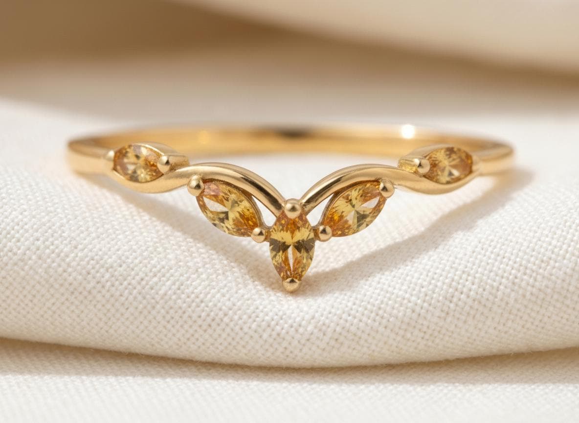 Curved Citrine Marquise Cluster Band, 18K Gold November Birthstone V-Shaped Ring, Dainty Golden Citrine Enhancer