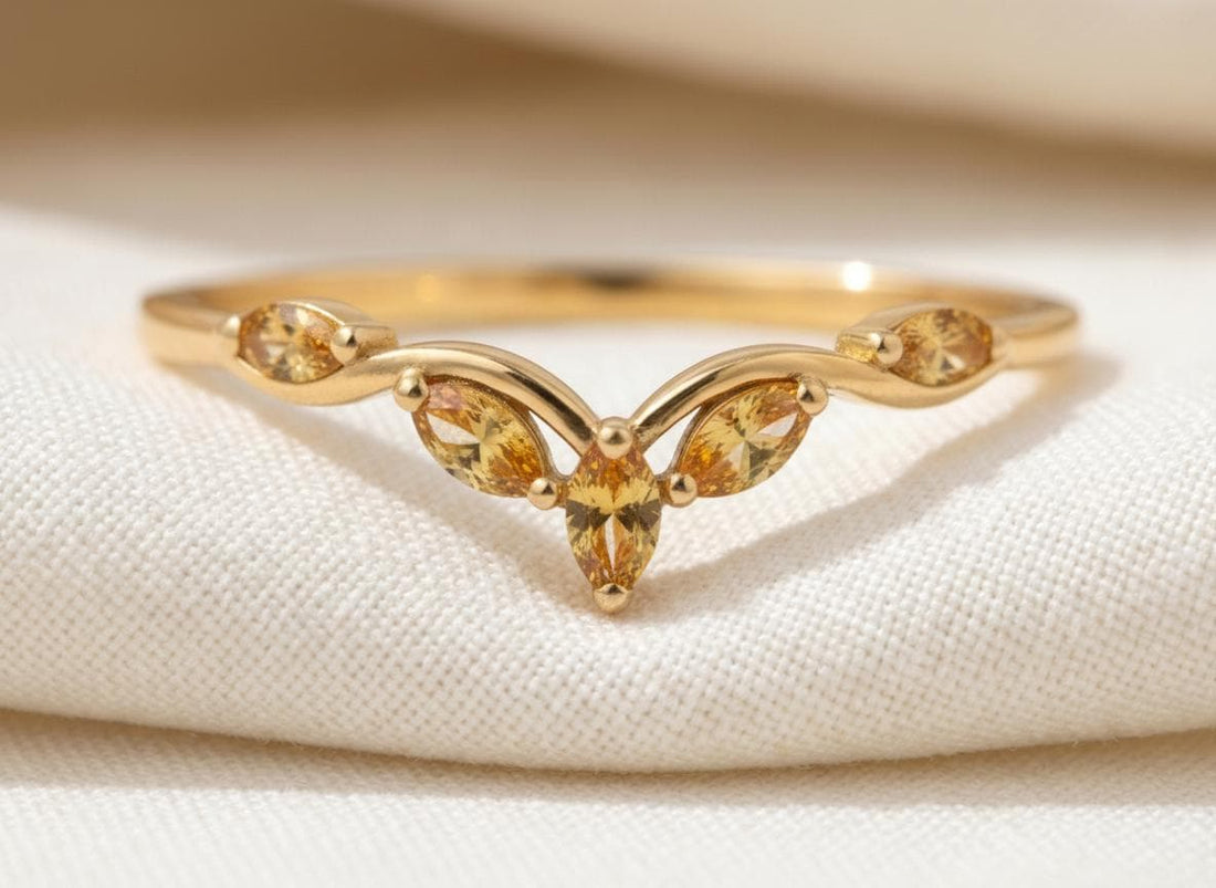 Curved Citrine Marquise Cluster Band, 18K Gold November Birthstone V-Shaped Ring, Dainty Golden Citrine Enhancer