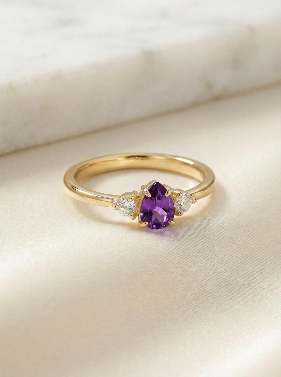 0.50ct Amethyst Birthstone Ring, Pear Cut Vintage Engagement Ring, February Gemstone, Teardrop Promise Ring