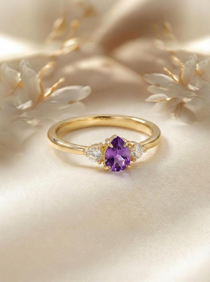 0.50ct Amethyst Birthstone Ring, Pear Cut Vintage Engagement Ring, February Gemstone, Teardrop Promise Ring